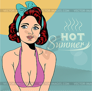 Hot pop art girl on beach - vector clipart