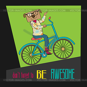 Hipster poster with nerd dog riding bike - vector image