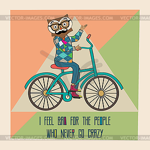 Хипстер плакат с ботаник сова езды на велосипеде - векторное изображение EPS