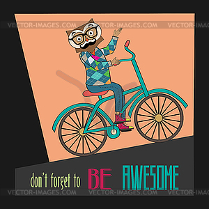 Hipster poster with nerd owl riding bike - vector image