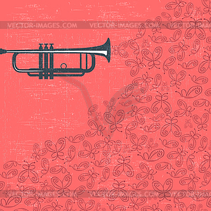 Music background with trumpet and butterflies - vector clipart