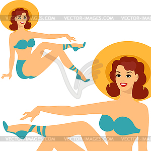 Beautiful pin up girl 1950s style in swimsuit - vector clipart