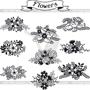 Set of floral bouquets various flowers in retro - vector clipart