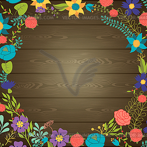 Wood texture background with various flowers - vector image