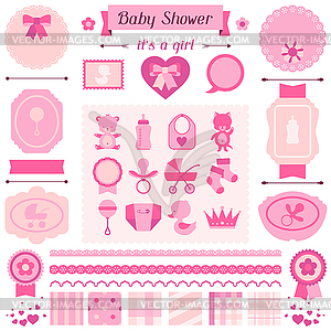 Girl baby shower set of elements for design - color vector clipart