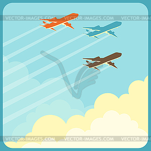 Airplanes flying in sky over clouds - vector clipart