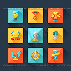 Trophy and awards icons set in flat design style - vector image