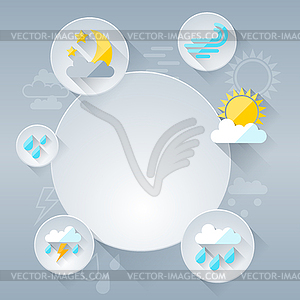 Paper circle banner with weather icons in flat - vector clipart