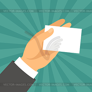 Hand holding business card in flat design style - vector clip art