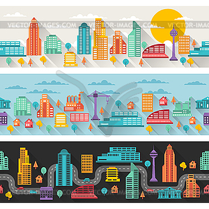 Cityscape seamless horizontal banners with buildings - vector clip art