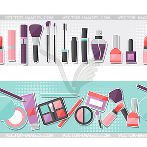 Seamless background with cosmetics sticker icons - vector clipart