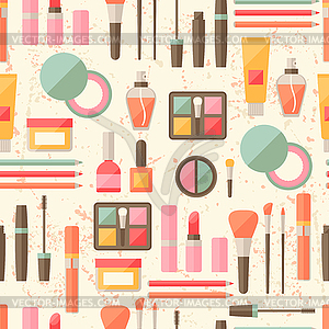 Seamless grunge background with cosmetics flat icons - color vector clipart