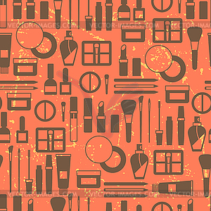 Seamless grunge background with cosmetics flat icons - vector clip art