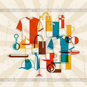 Advertising background with promotional gifts and - vector clipart