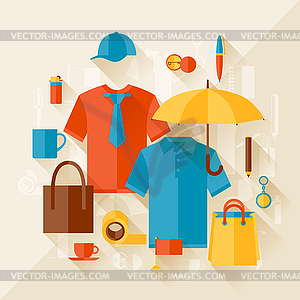 Advertising background with promotional gifts and - vector clipart