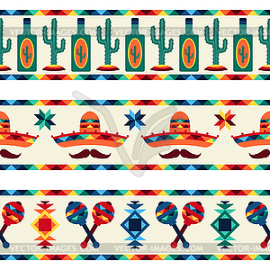 Mexican seamless borders with icons in native style - vector image