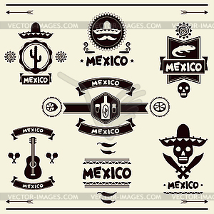 Мексиканская набор этикеток и наклеек с иконами - векторный клипарт / векторное изображение