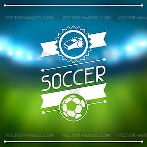 Sports background with soccer stadium and labels - color vector clipart