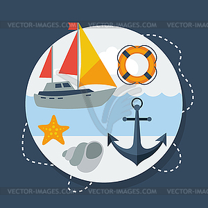 Card with marine symbols in flat design style - vector image