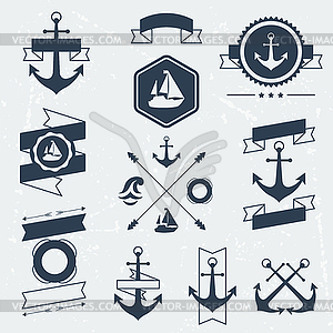 Collection of nautical symbols, icons, badges and - royalty-free vector image