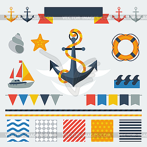 Collection of nautical symbols, icons and elements - vector clip art