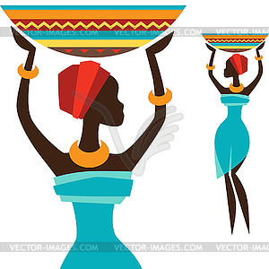 Силуэт африканская девушка, которая несет корзина - изображение в векторном виде