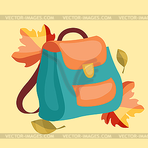 Book bag, backpack, school bag with autumn leaves - vector image