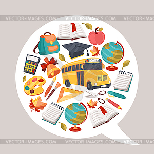 School background with education icons and symbols - vector clip art