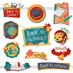 School banners, badges with education icons and - color vector clipart