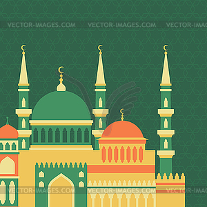 Islamic greeting card with mosque in flat design - vector image