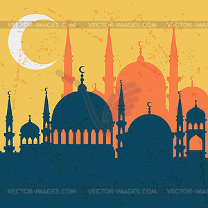 Islamic greeting card with mosque in flat design - vector clipart