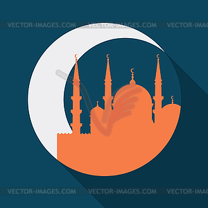 Islamic greeting card with mosque in flat design - vector image