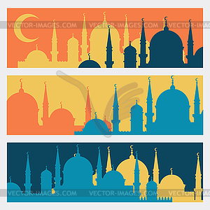 Horizontal banners with Islamic mosques in flat - vector clip art