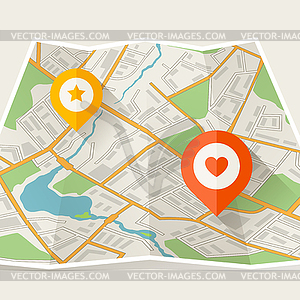 Abstract city folded map with location markers - vector image