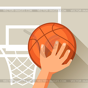 Sports hand shot basketball ball through hoop - vector clip art