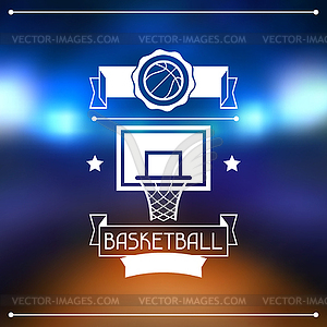 Background with basketball, ball, hoop and labels - vector image