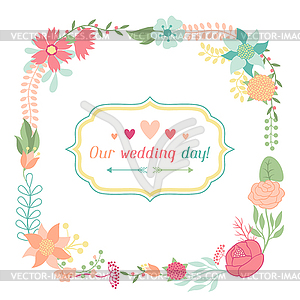 Wedding invitation card with pretty stylized flowers - color vector clipart