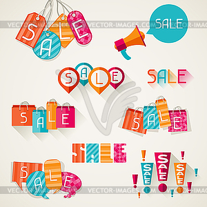 Shopping bags, price labels in flat design style - vector image