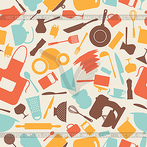 Seamless pattern with restaurant and kitchen - vector image