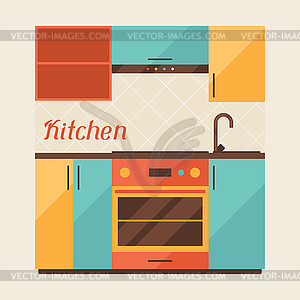 Card with kitchen interior in retro style - vector image