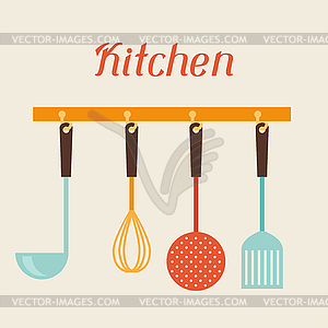 Kitchen and restaurant utensils spatula, whisk, - vector clip art