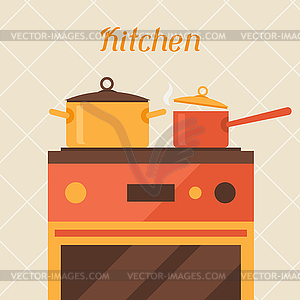 Card with kitchen oven and cooking utensils in retr - vector clipart