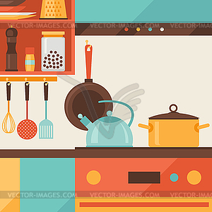 Card with kitchen interior and cooking utensils in - vector image