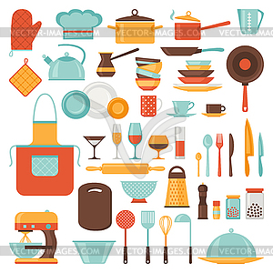 Кухня и ресторан значок набор посуды - векторизованный клипарт
