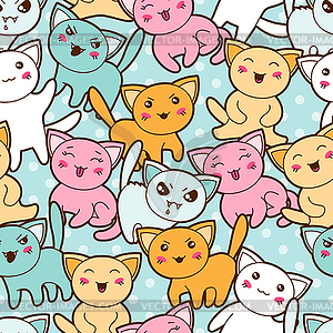 Seamless kawaii cartoon pattern with cute cats - vector clip art