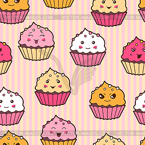 Seamless kawaii cartoon pattern with cute cupcakes - vector clip art