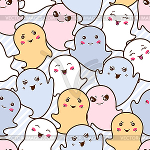 Seamless kawaii cartoon pattern with cute ghosts - vector image