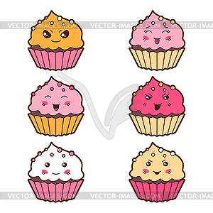 Set of kawaii cupcakess with different facial - vector image