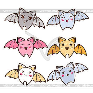 Set of kawaii bats with different facial expressions - vector clipart