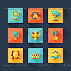 Trophy and awards icons set in flat design style - vector clip art